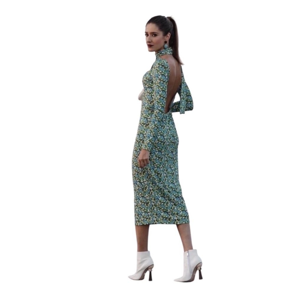 Zara green blue floral long-sleeve midi dress high neck Kentucky Derby Medium - Picture 5 of 14